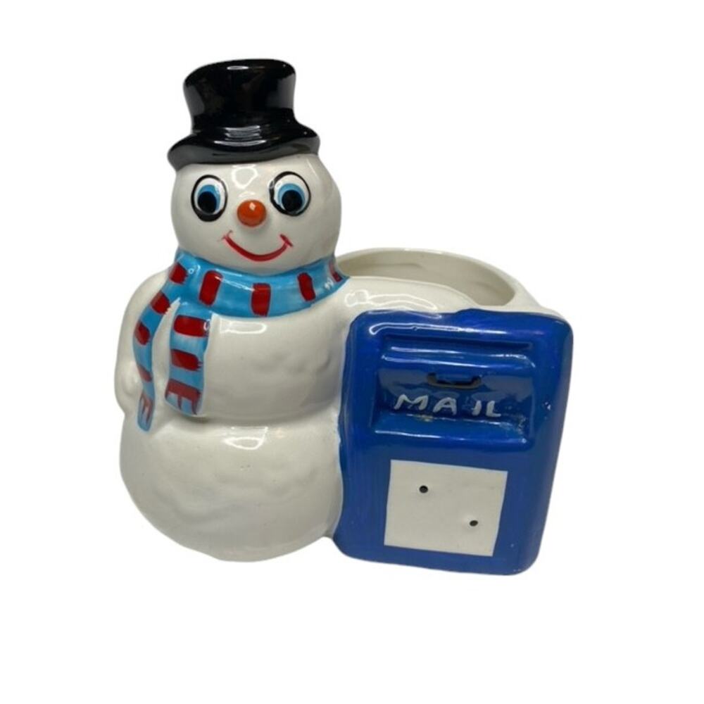 Holland Mold Ceramic Snowman Blue Mailbox Planter Signed 1988